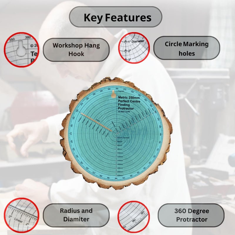 CLPA Clearly Printed 250mm Circle Center Finder Tool, Protractor, and Circle Maker Tool and Compass for Woodworking and Wood Turning. Find The Center of Timber or Dowel with Our Center Finder Ruler. - Image 5